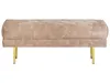 A taupe upholstered bench with tufted details and gold legs, presented on a white background. Náhled obrázku produktu