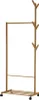 A wooden garment rack with a shelf and wheels. Produktbild-Vorschau