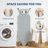 An ironing board is shown in the center, with inset images demonstrating storage locations: behind a door, in a closet, and in a laundry room next to a washing machine and basket. Produktbild-Vorschau