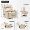 A collage of images showing a beige recliner chair with dimensions and different functional positions. Produktbild-Vorschau