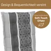 A close-up of a cushion with a patterned stripe and text overlays. Produktbild-Vorschau