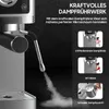 Close-up of an espresso machine's steam wand with steam coming out, accompanied by marketing text and diagrams. Produktbild-Vorschau