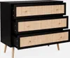 A three-drawer dresser with a black frame and cane-woven drawer fronts, presented against a white background. Produktbild-Vorschau