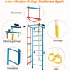 A collage of images showing different components and the main structure of a children's climbing wall. Produktbild-Vorschau