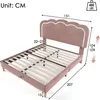 A diagram of a pink upholstered bed frame with dimensions indicated by arrows and numbers. Produktbild-Vorschau