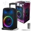 A black portable karaoke party speaker with colorful LED lights, a microphone, and a remote control, displayed next to its packaging. Produktbild-Vorschau