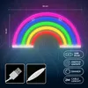A neon LED rainbow light with dimensions and feature callouts. Produktbild-Vorschau