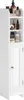 A tall, narrow white cabinet with shelves and a door, filled with various bathroom products. Náhled obrázku produktu