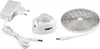 A white LED strip light kit, including a power adapter, a motion sensor, and a coiled LED strip, laid out on a white background. Produktbild-Vorschau
