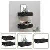A collage of images showing black MDF floating shelves with drawers, displayed on a light gray wall and in isolation. Náhled obrázku produktu