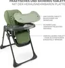 A green Kinderkraft TUMMIE 2-in-1 Fütterungsstuhl with a removable tray is shown against a white background. Text overlays describe features of the high chair. Produktbild-Vorschau