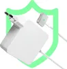 A white Macbook Magsafe 2 charger and its magnetic connector are shown against a white background, partially overlaid by a green shield graphic. Produktbild-Vorschau