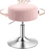 A pink velvet stool with a silver adjustable base is shown from a front-facing, slightly angled view. Arrows indicate 360-degree rotation. The text '360°' is visible above the stool. Náhled obrázku produktu