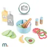 A collection of wooden toy food items for a kitchen playset, including salad ingredients, bottles, and shakers, arranged on a white background. Podgląd zdjęcia produktu