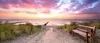 A tranquil beach scene at sunset with a wooden bench overlooking the ocean. Anteprima dell’immagine prodotto