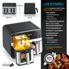 A product advertisement for an air fryer, showing its dimensions, features, and a cooked meal. Produktbild-Vorschau