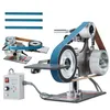 A VEVOR bandschleifmaschine with accessories, including three blue sanding belts and a separate control unit, is displayed against a white background. Voir les images du produit