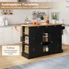 A black kitchen island with a wooden countertop is shown in a kitchen setting. The countertop is extended, demonstrating its fold-out feature. Voir les images du produit