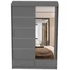 A modern gray wardrobe with mirrored doors and two drawers at the bottom, set against a white background. The mirror reflects a bedroom scene. Voir les images du produit