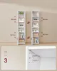 Two tall white bookshelves are shown with dimensions marked on the left one. Below, a detail of the bookshelf's corner with measurements is shown, and a scale with the number 3. Náhled obrázku produktu