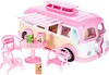 A pink and cream toy camper van with accessories, including chairs and a table, set up for outdoor play. Náhľad obrázku produktu