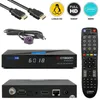 A collage of images showing a satellite receiver, its remote control, cables, and feature icons. Produktbild-Vorschau