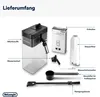 An image showing the contents of a De'Longhi coffee machine package, with each item labeled. Produktbild-Vorschau