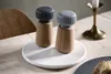 Two salt and pepper grinders on a white plate on a wooden table, with a candlestick in the background. Podgląd zdjęcia produktu