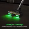 A close-up of a cordless vacuum cleaner head with green LED lights illuminating the floor. Produktbild-Vorschau