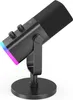 A black gaming microphone with RGB lighting on a black stand, isolated on a white background. Produktbild-Vorschau