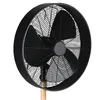 A black stand fan with a wooden base is shown against a white background. Voir les images du produit
