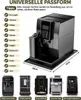 A coffee machine is shown on a mat, with a list of compatible brands and dimensions. Produktbild-Vorschau
