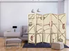 A bedroom scene with a folding screen, bed, dresser, and ottoman. Podgląd zdjęcia produktu