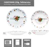 A flat lay image showing two plates and a bowl from a 12-piece dinnerware set with a gingerbread man and snowflake decoration. Dimensions and capacity are indicated with text and lines. Below the plates are icons for microwave, refrigerator, and dishwasher Náhled obrázku produktu