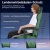 A person sitting in a green gaming chair, with text overlays highlighting the chair's ergonomic features and separate images of the headrest and lumbar support. Produktbild-Vorschau
