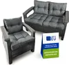 A set of outdoor lounge furniture cushions on a chair and a two-seater sofa, with a 'Made in EU' sign. Produktbild-Vorschau
