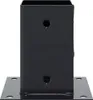 A black metal post base with four holes on the bottom plate and two holes on the side of the vertical post. Produktbild-Vorschau