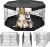A black metal dog playpen with a black top cover, featuring two dogs inside. Below the main image are three smaller images showing different configurations of the playpen. Produktbild-Vorschau