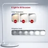 A white desk lamp is shown on a white surface against a white wall. The image displays marketing information about the lamp's features, including color temperatures and brightness levels. Anteprima dell’immagine prodotto