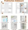 A collage of images showcasing a white sideboard with various features highlighted. Podgląd zdjęcia produktu