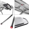 A collage of four close-up images showing different parts of a folding ironing board and an iron. Produktbild-Vorschau