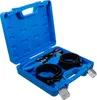 A blue plastic case containing a set of piston ring compressors and a tool. Voir les images du produit