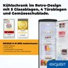 A refrigerator is shown open, displaying its interior shelves and contents. To the left, there are marketing badges and product information. Produktbild-Vorschau