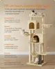 A multi-level cat tree with several cats interacting with it, accompanied by descriptive text highlighting its features. Produktbild-Vorschau