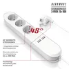 A white power strip with three outlets and two USB ports, shown from a slightly elevated angle with a white background. Text overlays highlight features. Voir les images du produit
