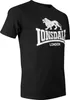 A black t-shirt with a white Lonsdale London logo and lion graphic. Produktbild-Vorschau