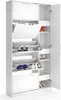 A white shoe cabinet with multiple shelves and compartments, some of which are open to display shoes. Produktbild-Vorschau