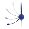 A blue headset with a microphone is shown against a white background. The microphone arm is depicted in multiple positions to show its flexibility. Produktbild-Vorschau