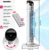 Product details and dimensions displayed with images of a tower fan and its remote control. Náhled obrázku produktu