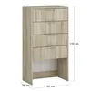 A product shot of a wooden chest of drawers with dimensions indicated. Náhled obrázku produktu